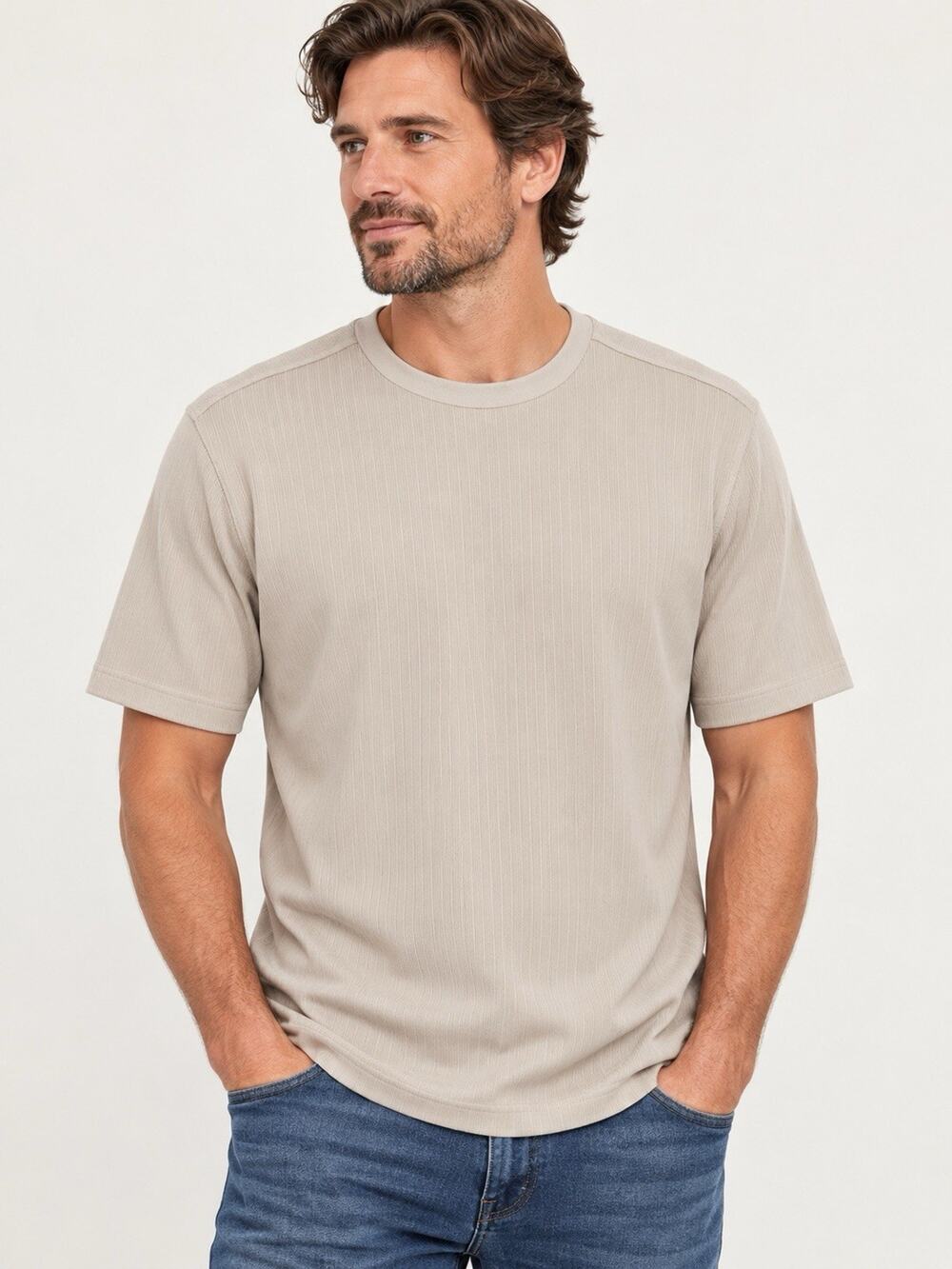 Croft Barrow Mens Large Beige Ribbed Short Sleeve Crew Neck Shirt Casual Basic